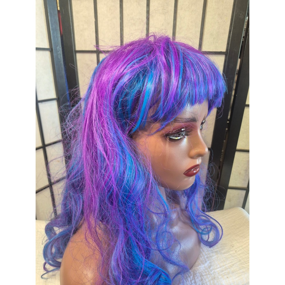 Purple Blue Wavy Synthetic Costume Wig with Bangs Long Multi Tonal Cosplay Hair